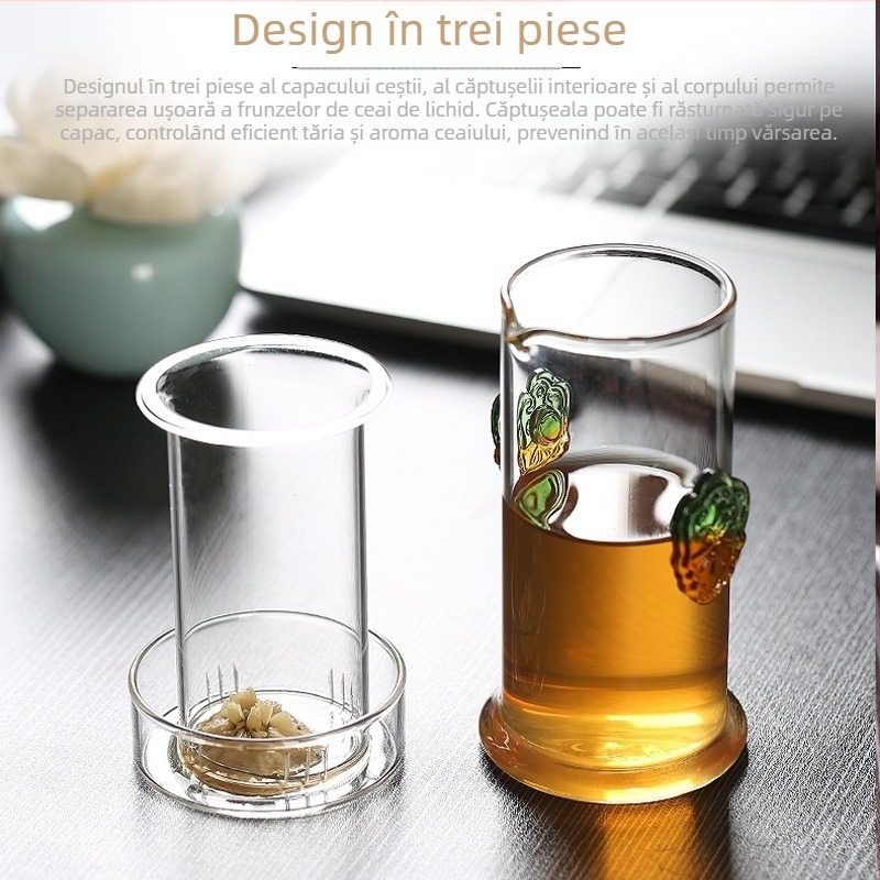 Ceainic din sticlă pentru Pu'er cu filtru și separare ceai-apă, set de ceai cu căni roșii cu două mâneri, pentru uz casnic