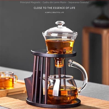Set de ceai pentru birou cu sistem magnetic de infuzare, ceainic din sticlă borosilikată de înaltă rezistență și 6 cești, stil modern minimalist, pentru 3–5 persoane