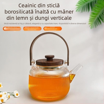 Ceainic din sticlă borosilicată înaltă, cu model vertical, pentru uz casnic, compatibil cu flacra deschisă și plita ceramică electrică, cu filtru și mâner.