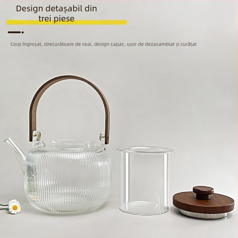 Ceainic din sticlă borosilicată înaltă, cu model vertical, pentru uz casnic, compatibil cu flacra deschisă și plita ceramică electrică, cu filtru și mâner.
