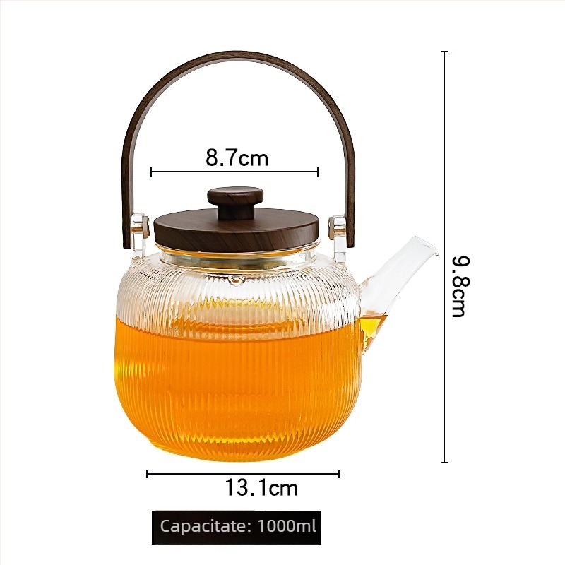 Ceainic din sticlă borosilicată înaltă, cu model vertical, pentru uz casnic, compatibil cu flacra deschisă și plita ceramică electrică, cu filtru și mâner.