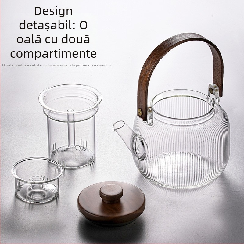 Ceainic din sticlă borosilicată înaltă, cu model vertical, pentru uz casnic, compatibil cu flacra deschisă și plita ceramică electrică, cu filtru și mâner.