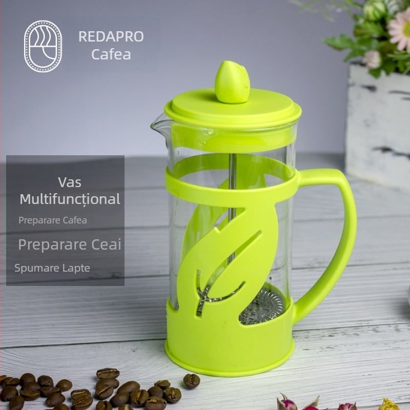 Cafetieră franțuzească din sticlă borosilicată pentru ceai și cafea, cu filtru din oțel inoxidabil și spumator de lapte