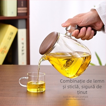 Ceainic din sticlă borosilicată cu filtru, mâner lateral din lemn de nuc, pentru ceai de flori