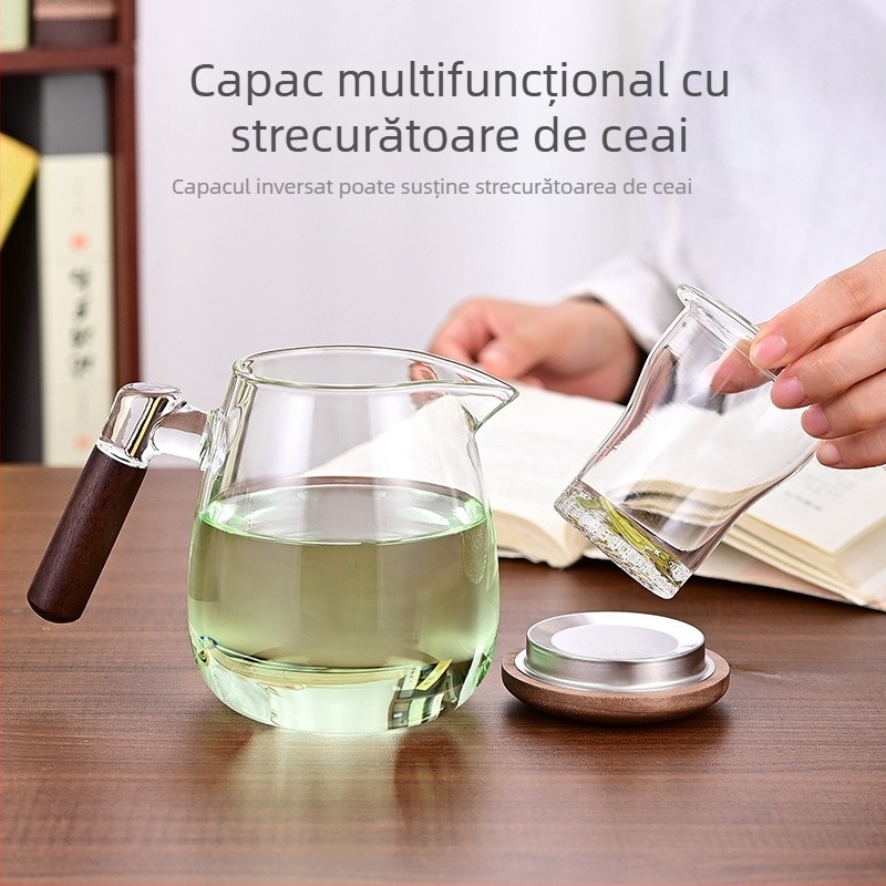 Ceainic din sticlă borosilicată cu filtru, mâner lateral din lemn de nuc, pentru ceai de flori