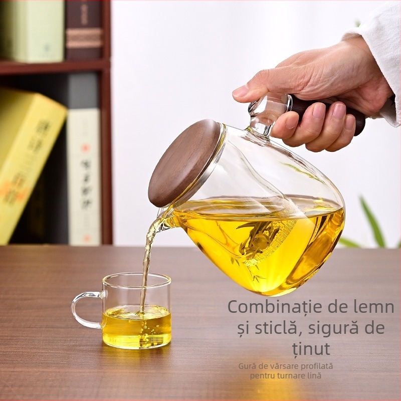 Ceainic din sticlă borosilicată cu filtru, mâner lateral din lemn de nuc, pentru ceai de flori