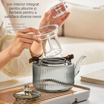 Căniță de ceai din sticlă borosilicată, cu model vertical perlat, rezistentă la temperaturi înalte, cu mâner