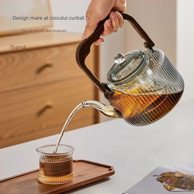 Căniță de ceai din sticlă borosilicată, cu model vertical perlat, rezistentă la temperaturi înalte, cu mâner