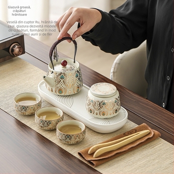 Set Gongfu de ceai din ceramică, cu husă portabilă, design elegant pentru casă și pentru călătorii, pentru patru persoane