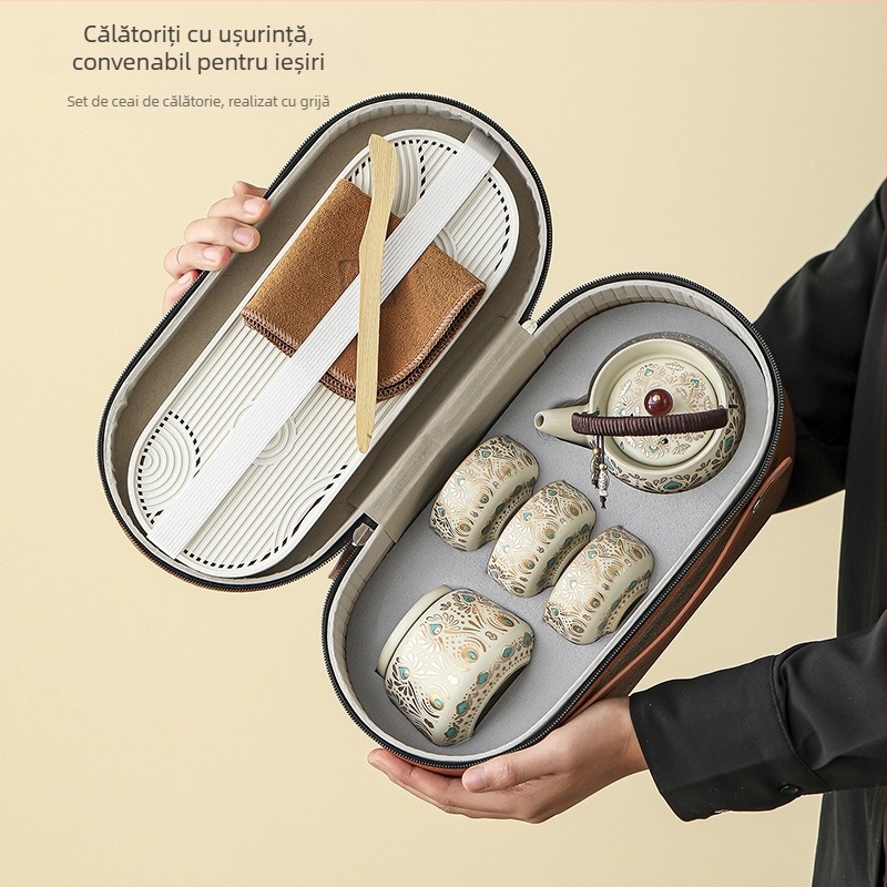 Set Gongfu de ceai din ceramică, cu husă portabilă, design elegant pentru casă și pentru călătorii, pentru patru persoane