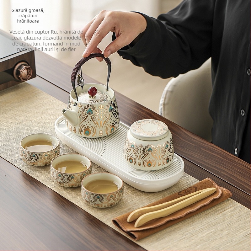 Set Gongfu de ceai din ceramică, cu husă portabilă, design elegant pentru casă și pentru călătorii, pentru patru persoane