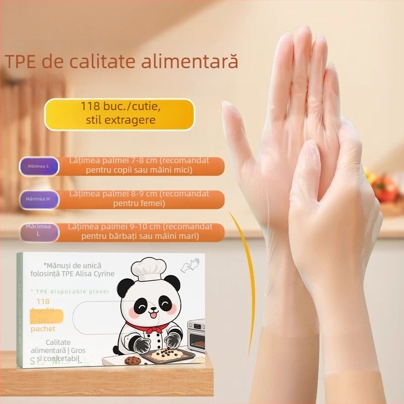Mănuși de unică folosință din TPE, de calitate alimentară, pentru bucătărie, frământarea aluatului, coacere și curățenie; groase și durabile