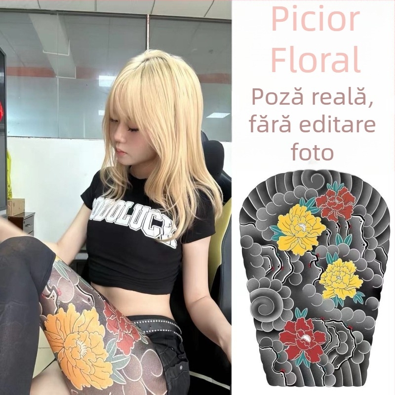 Abțibild tatuaj pentru picior cu flori – impermeabil, rezistent la uzură, durează 3–5 zile, unisex, stil japonez cu dragon și bujor