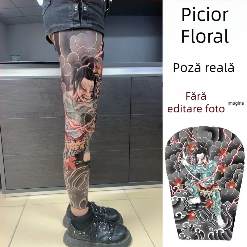 Abțibild tatuaj pentru picior cu flori – impermeabil, rezistent la uzură, durează 3–5 zile, unisex, stil japonez cu dragon și bujor