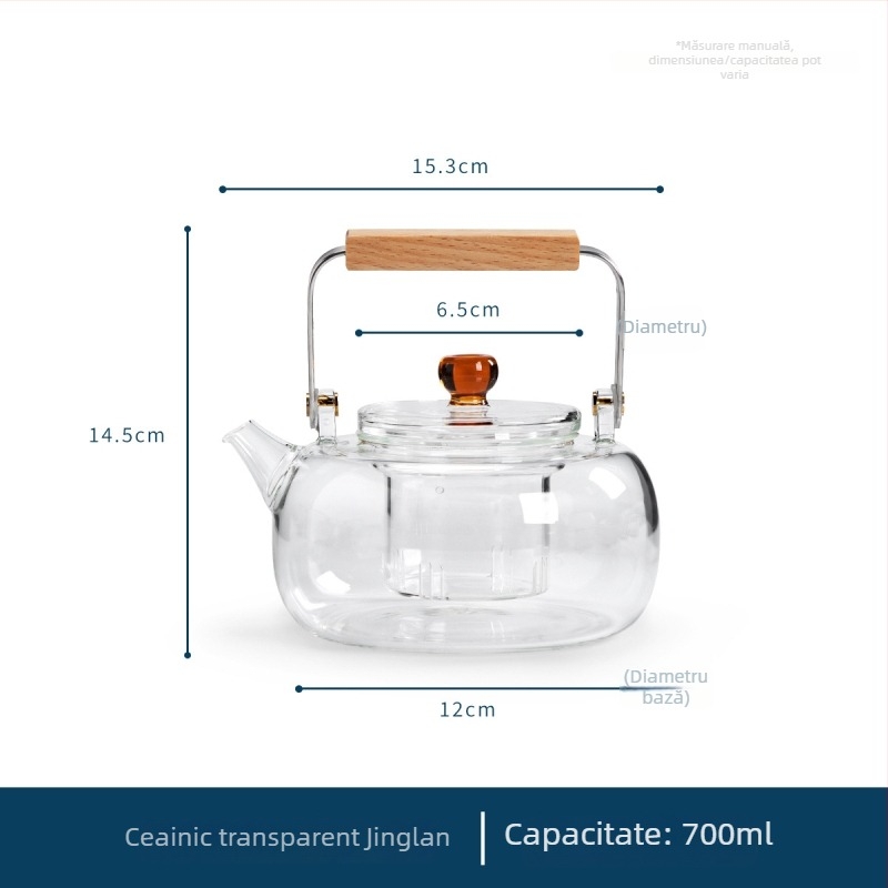 Ceainic cu mâner din lemn, separator ceai-apă, sticlă borosilicat de înaltă rezistență, capacitate mare, compatibil cu plita electrică