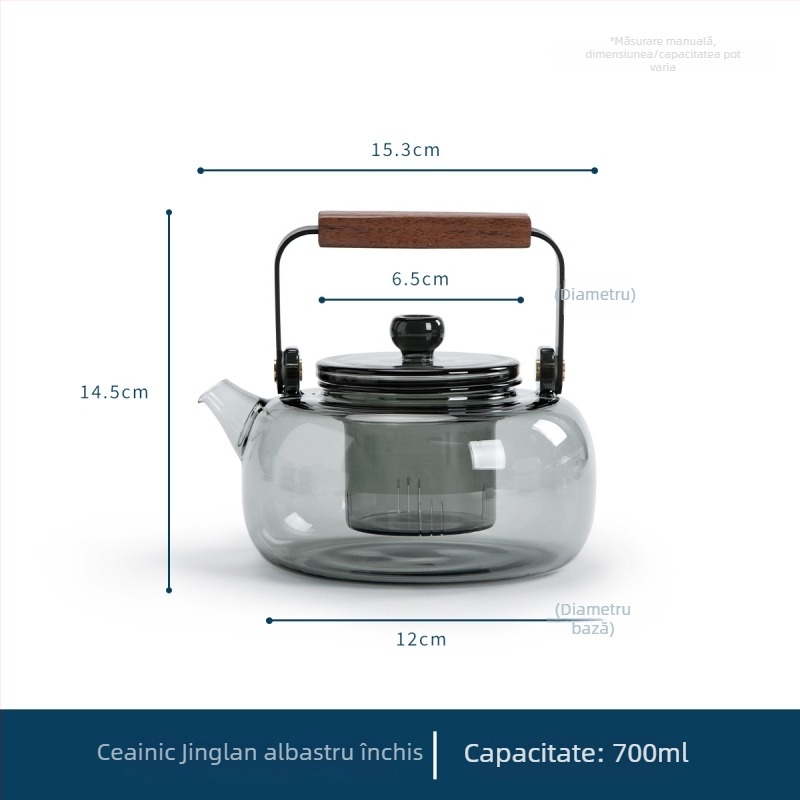 Ceainic cu mâner din lemn, separator ceai-apă, sticlă borosilicat de înaltă rezistență, capacitate mare, compatibil cu plita electrică