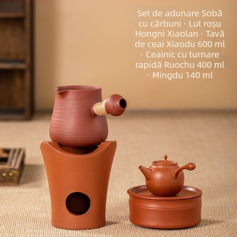 Ceainic Chaozhou cu mâner lateral, lut roșu din mină, stil japonez Kyusu, ceainic mic retro pentru set Gongfu de ceai