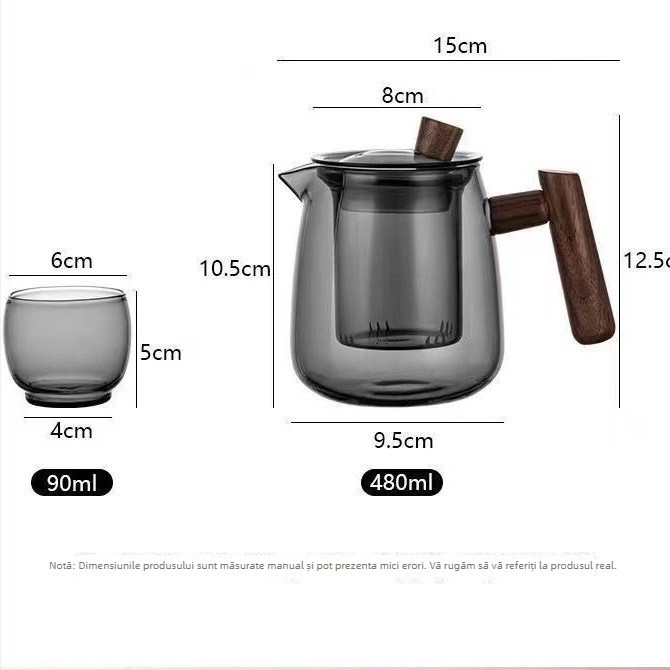 Ceainic din sticlă cu mâner lateral din lemn și filtru, rezistent la căldură, stil japonez cu separare a apei pentru ceai, ceainic cu flori, set de ceai montan, lux discret