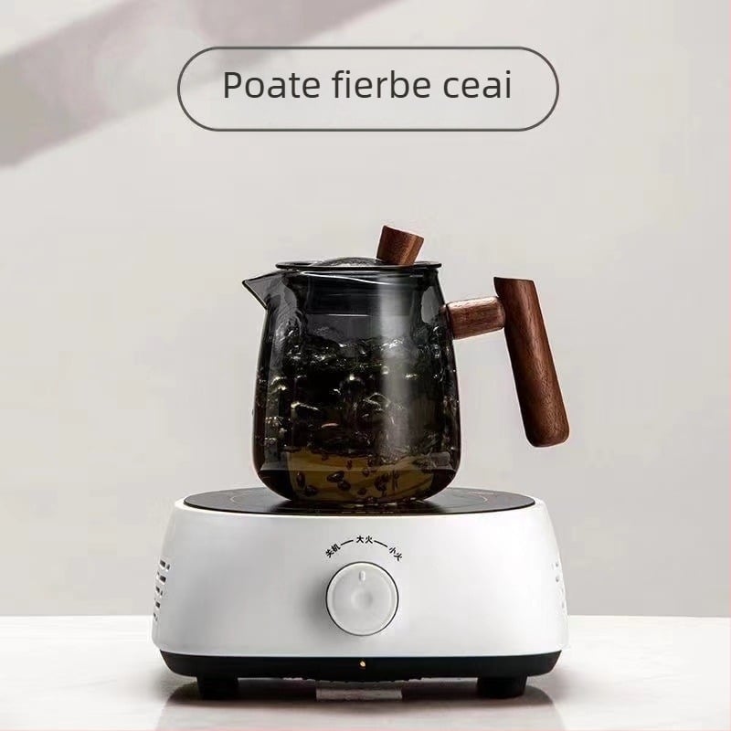 Ceainic din sticlă cu mâner lateral din lemn și filtru, rezistent la căldură, stil japonez cu separare a apei pentru ceai, ceainic cu flori, set de ceai montan, lux discret