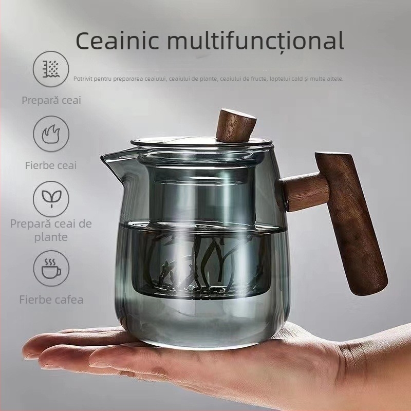 Ceainic din sticlă cu mâner lateral din lemn și filtru, rezistent la căldură, stil japonez cu separare a apei pentru ceai, ceainic cu flori, set de ceai montan, lux discret