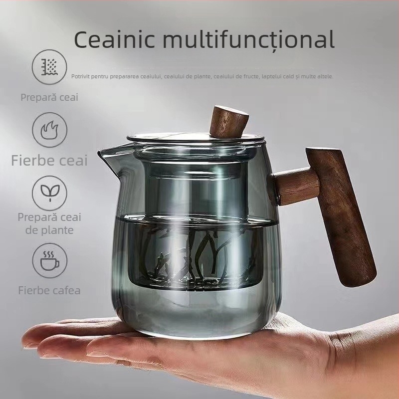 Ceainic din sticlă cu mâner lateral din lemn și filtru, rezistent la căldură, stil japonez cu separare a apei pentru ceai, ceainic cu flori, set de ceai montan, lux discret