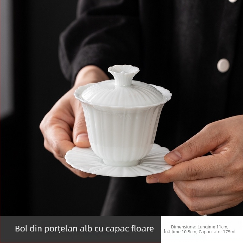 Set de ceai din porțelan alb, cu pereți subțiri și capac, cești cu glazură în trei culori și motif de petale de lotus, finisaj Jade alb pentru uz casnic modern