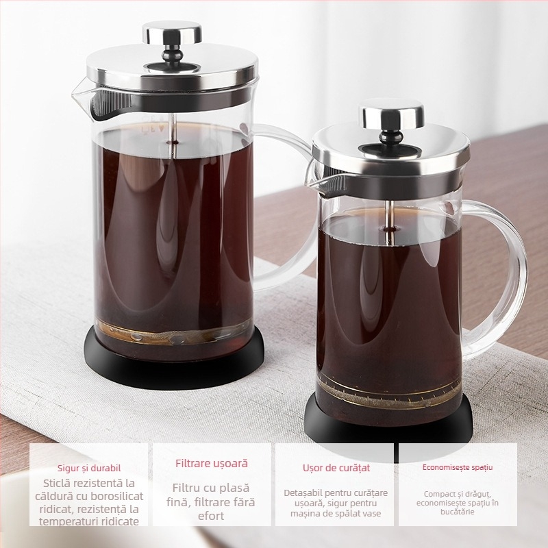 Cafetieră franțuzească din sticlă borosilicat înaltă, filtru din oțel inoxidabil 304, pentru cafea și ceai, spumator de lapte