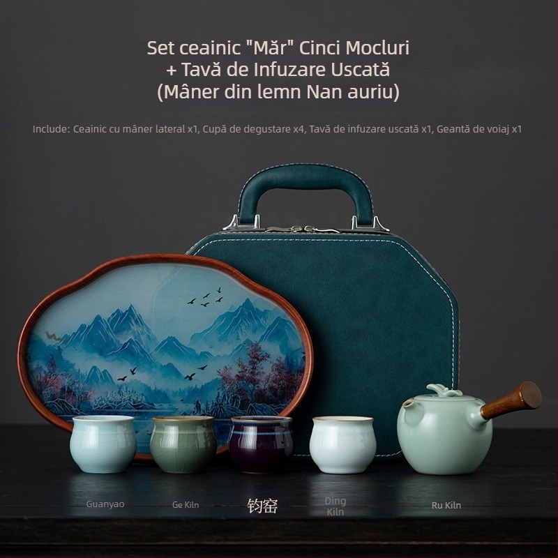 Set Gongfu de ceai Ru Kiln – 1 ceainic și 4 cești, set de călătorie din ceramică, ambalat într-o cutie cadou