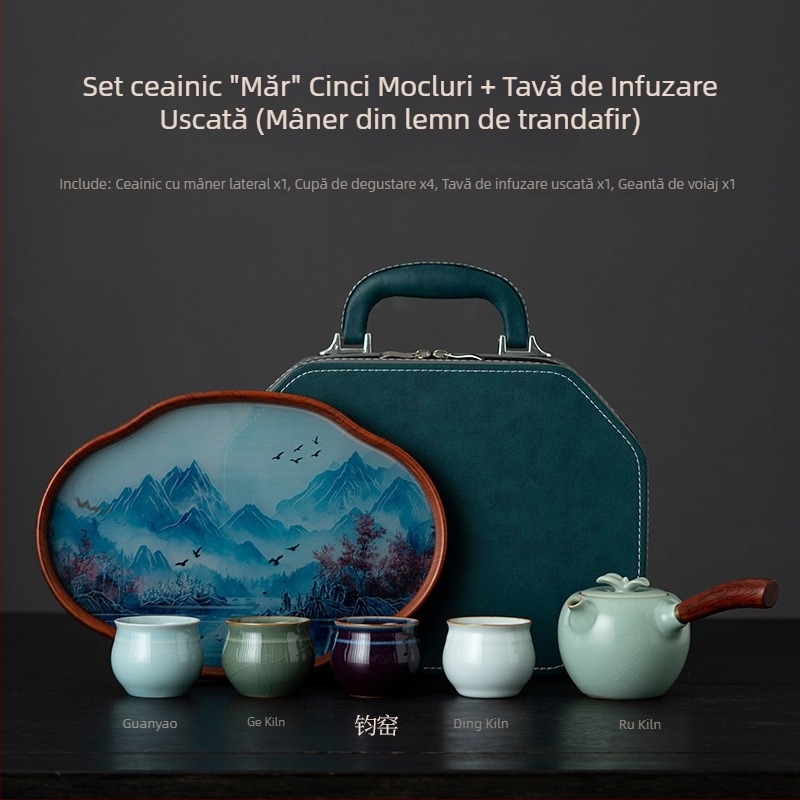 Set Gongfu de ceai Ru Kiln – 1 ceainic și 4 cești, set de călătorie din ceramică, ambalat într-o cutie cadou