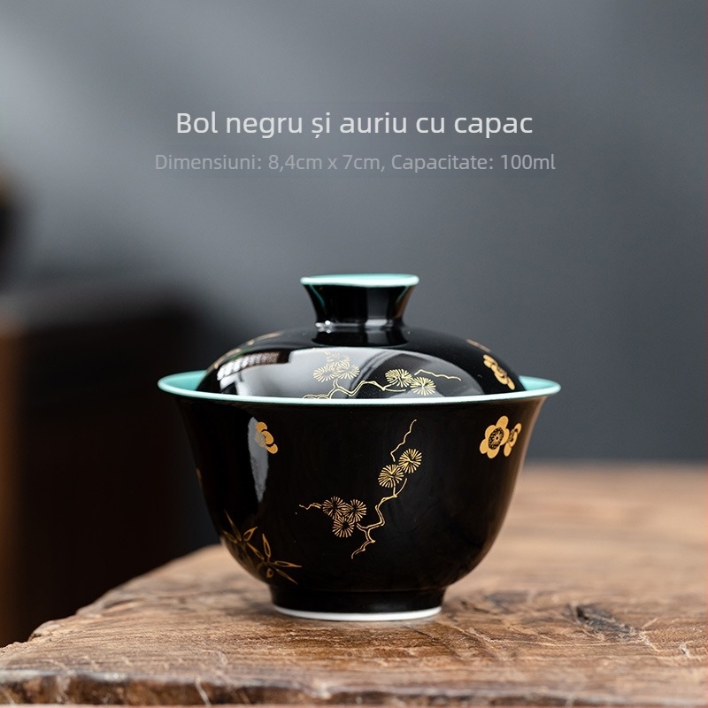 Set de ceai ceramic Celadon, cu glazură neagră și motiv cu flori de prune, include ceainic cu capac, bol și ceașcă