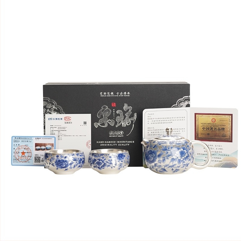 Set de ceai din porțelan, ceainic placat cu argint și două cești, motiv lotus, stil retro, cadou elegant