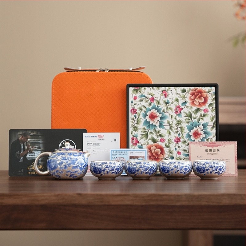 Set de ceai din porțelan, ceainic placat cu argint și două cești, motiv lotus, stil retro, cadou elegant