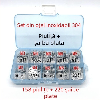 Set de piulițe hexagonale cu flanșă antiderapantă și șaibe plate, M3–M8