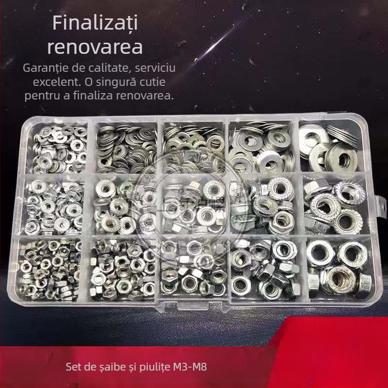 Set de piulițe hexagonale cu flanșă antiderapantă și șaibe plate, M3–M8