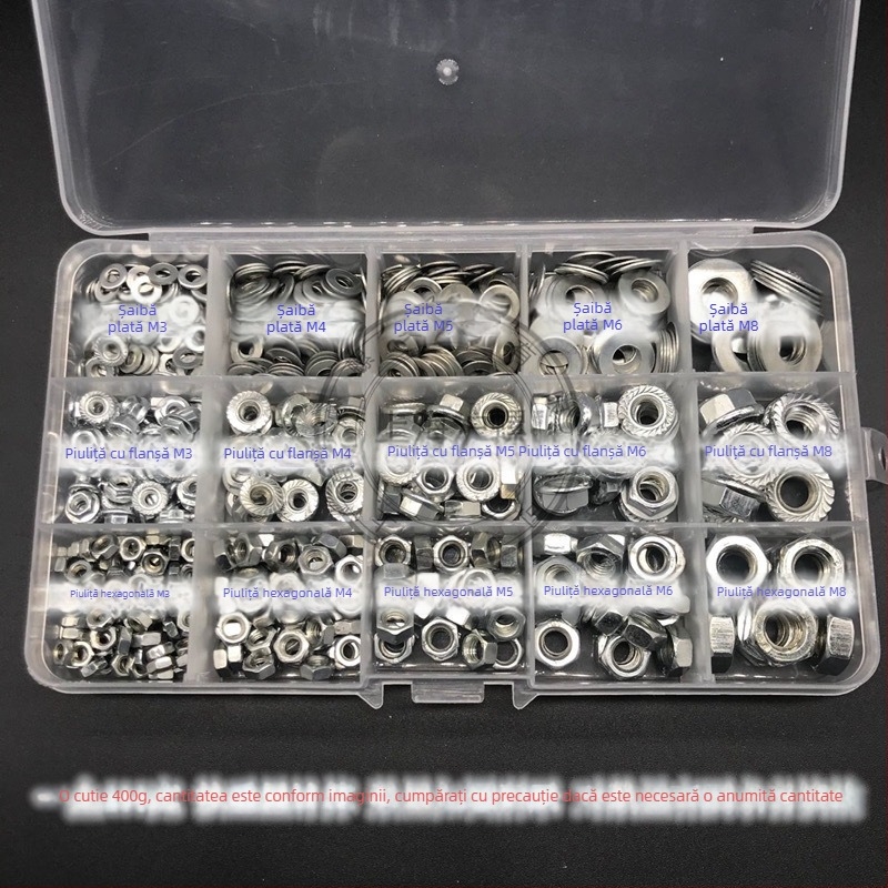 Set de piulițe hexagonale cu flanșă antiderapantă și șaibe plate, M3–M8