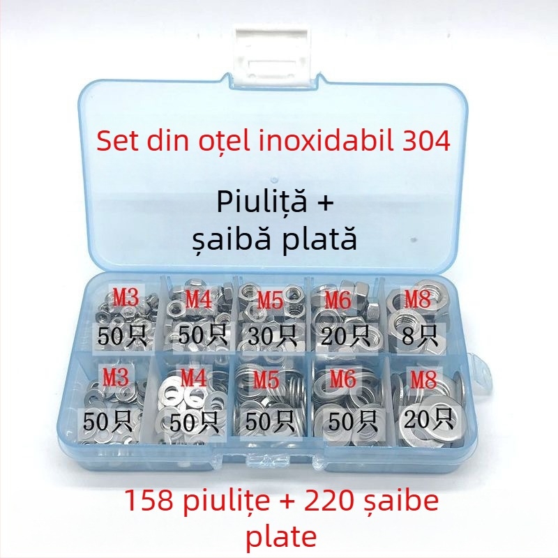 Set de piulițe hexagonale cu flanșă antiderapantă și șaibe plate, M3–M8