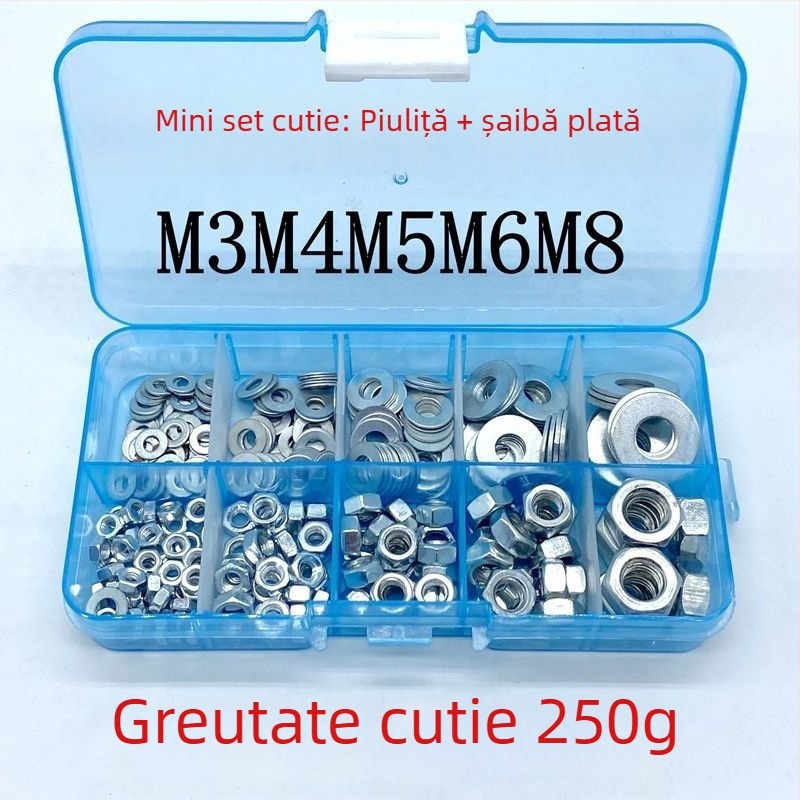 Set de piulițe hexagonale cu flanșă antiderapantă și șaibe plate, M3–M8