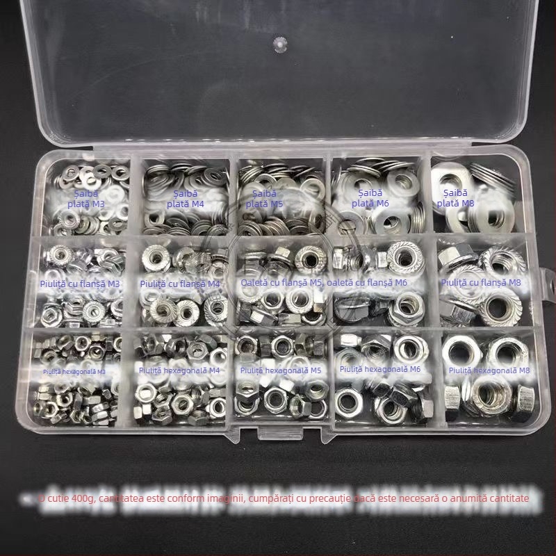 Set de piulițe hexagonale cu flanșă antiderapantă și șaibe plate, M3–M8