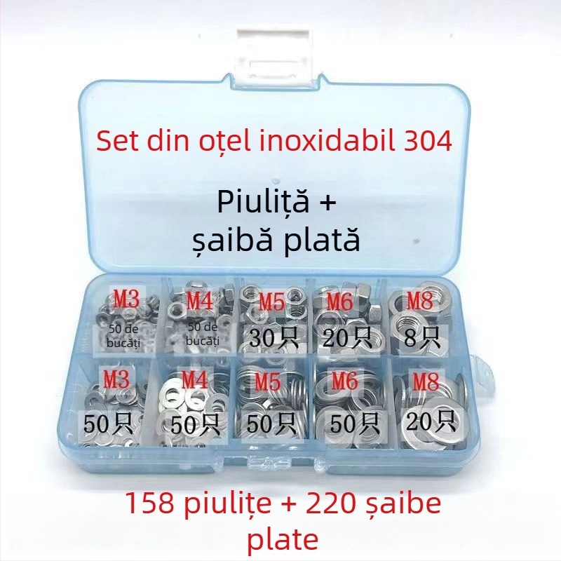 Set de piulițe hexagonale cu flanșă antiderapantă și șaibe plate, M3–M8