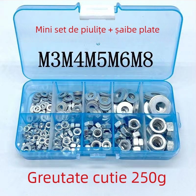 Set de piulițe hexagonale cu flanșă antiderapantă și șaibe plate, M3–M8