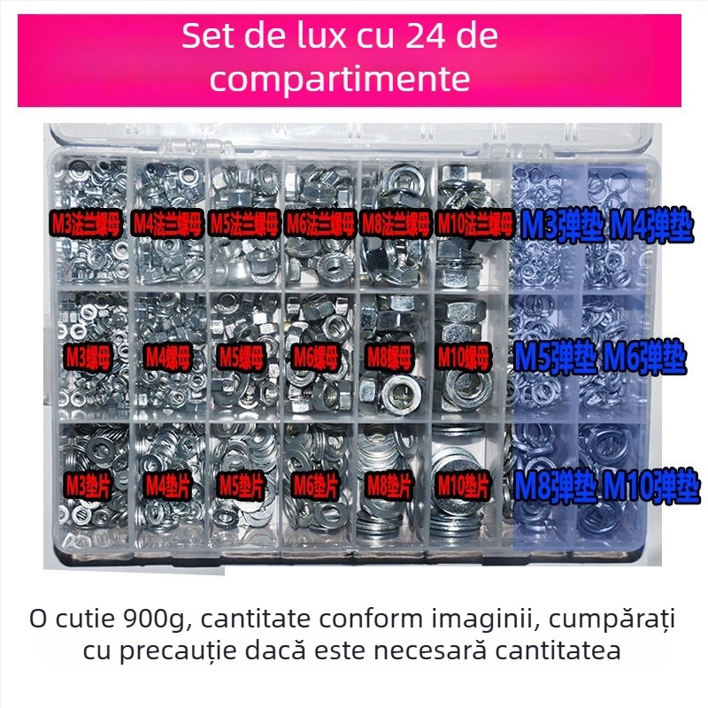 Set de piulițe hexagonale cu flanșă antiderapantă și șaibe plate, M3–M8