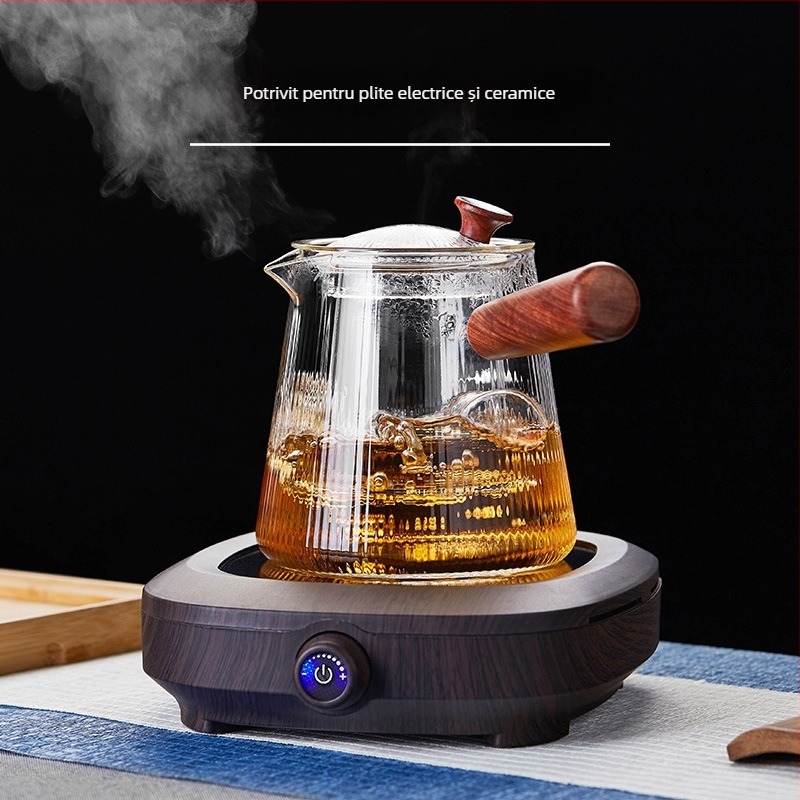 Ceainic din sticlă cu mâner lateral, cu filtru, mâner din lemn, rezistent la temperaturi înalte, pentru plită ceramică electrică, set de ceai