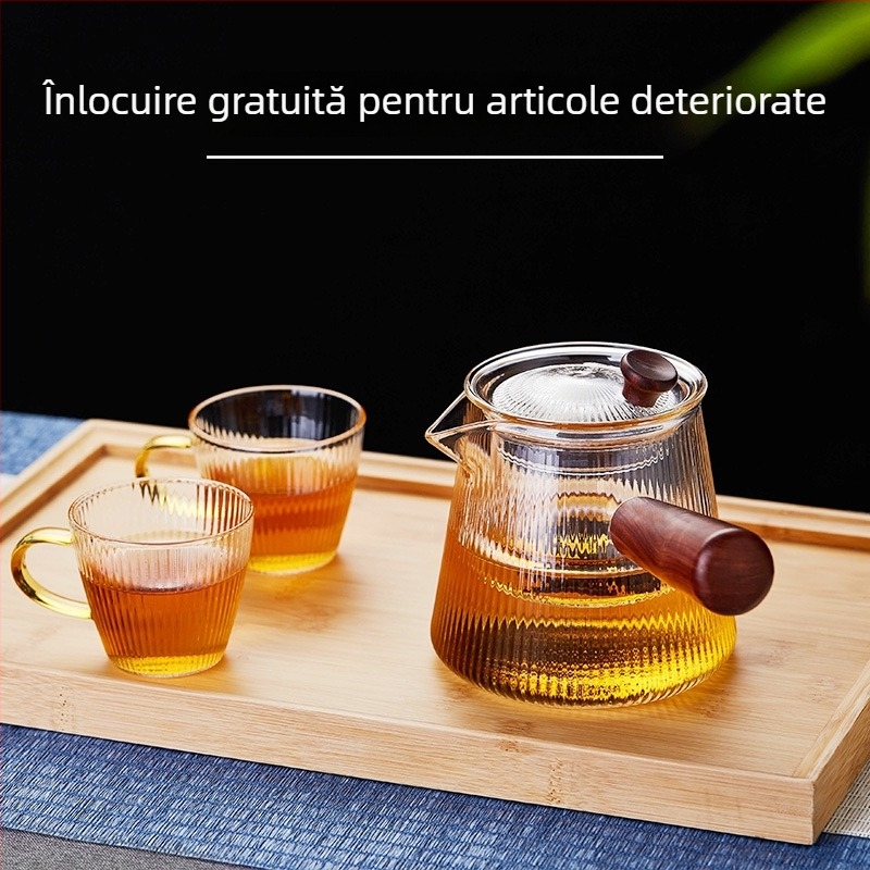 Ceainic din sticlă cu mâner lateral, cu filtru, mâner din lemn, rezistent la temperaturi înalte, pentru plită ceramică electrică, set de ceai