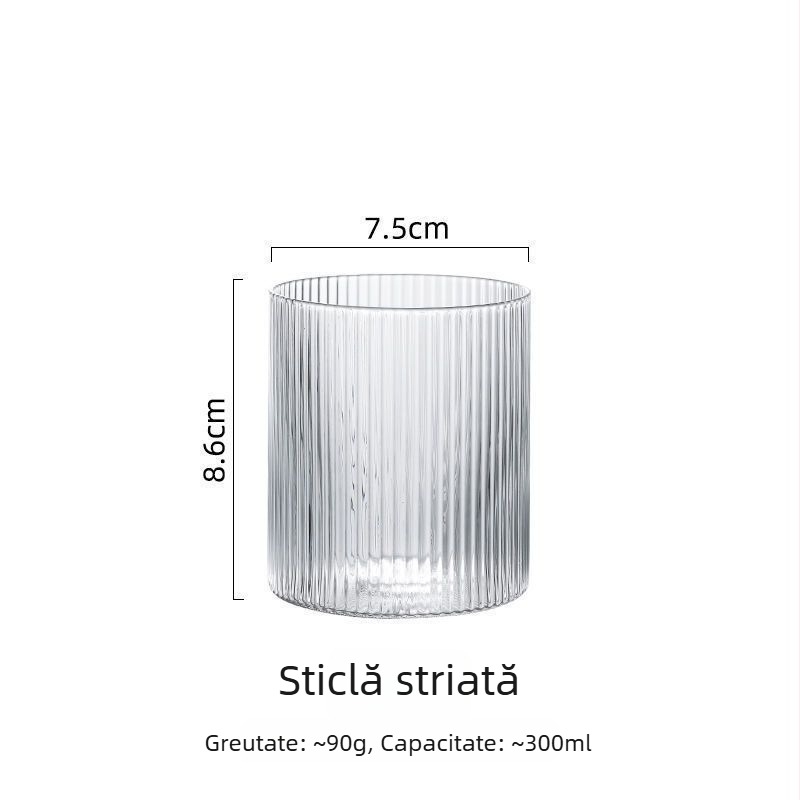 Ceșcuță din sticlă minimalistă, cu dungi verticale, pentru cafea, ceai cu lapte și latte; fund subțire; sticlă borosilicată înaltă; design inspirat din japonez.