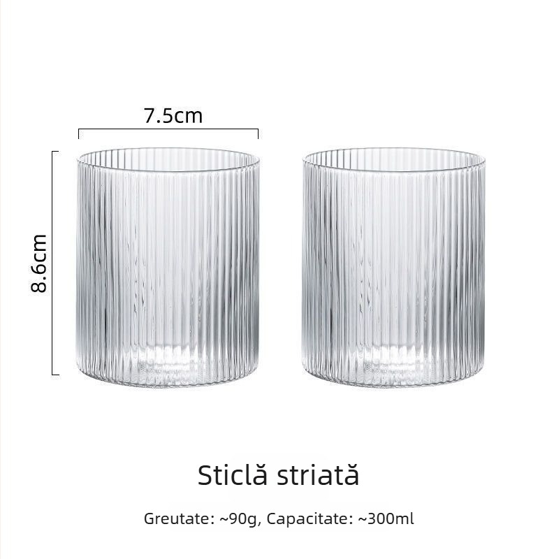 Ceșcuță din sticlă minimalistă, cu dungi verticale, pentru cafea, ceai cu lapte și latte; fund subțire; sticlă borosilicată înaltă; design inspirat din japonez.