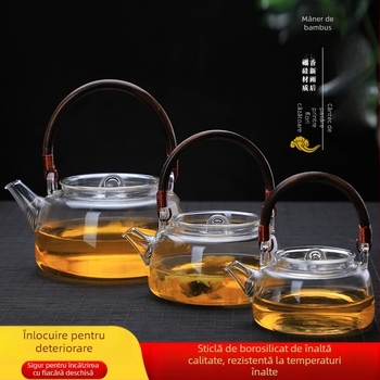 Ceainic cu mâner din răchită, din sticlă borosilicat rezistentă la temperaturi înalte, pentru infuzarea ceaiului, compatibil cu plita electrică ceramică, corp din sticlă îngroșată