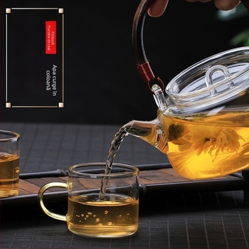 Ceainic cu mâner din răchită, din sticlă borosilicat rezistentă la temperaturi înalte, pentru infuzarea ceaiului, compatibil cu plita electrică ceramică, corp din sticlă îngroșată