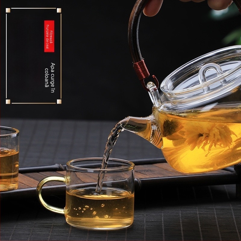 Ceainic cu mâner din răchită, din sticlă borosilicat rezistentă la temperaturi înalte, pentru infuzarea ceaiului, compatibil cu plita electrică ceramică, corp din sticlă îngroșată