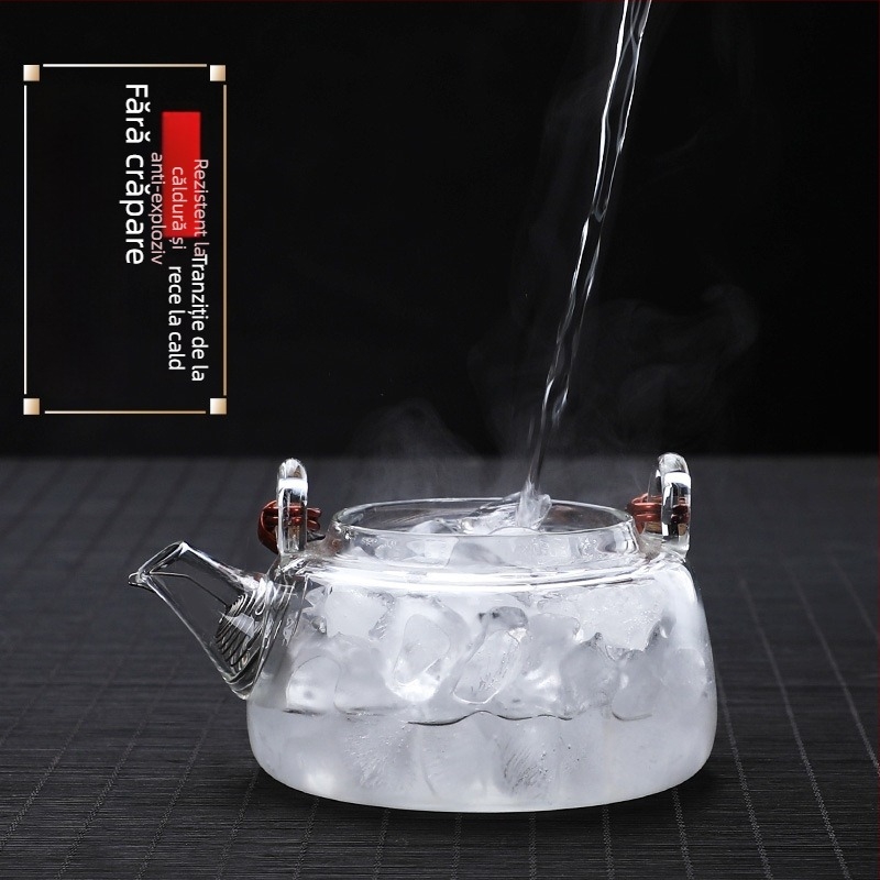 Ceainic cu mâner din răchită, din sticlă borosilicat rezistentă la temperaturi înalte, pentru infuzarea ceaiului, compatibil cu plita electrică ceramică, corp din sticlă îngroșată