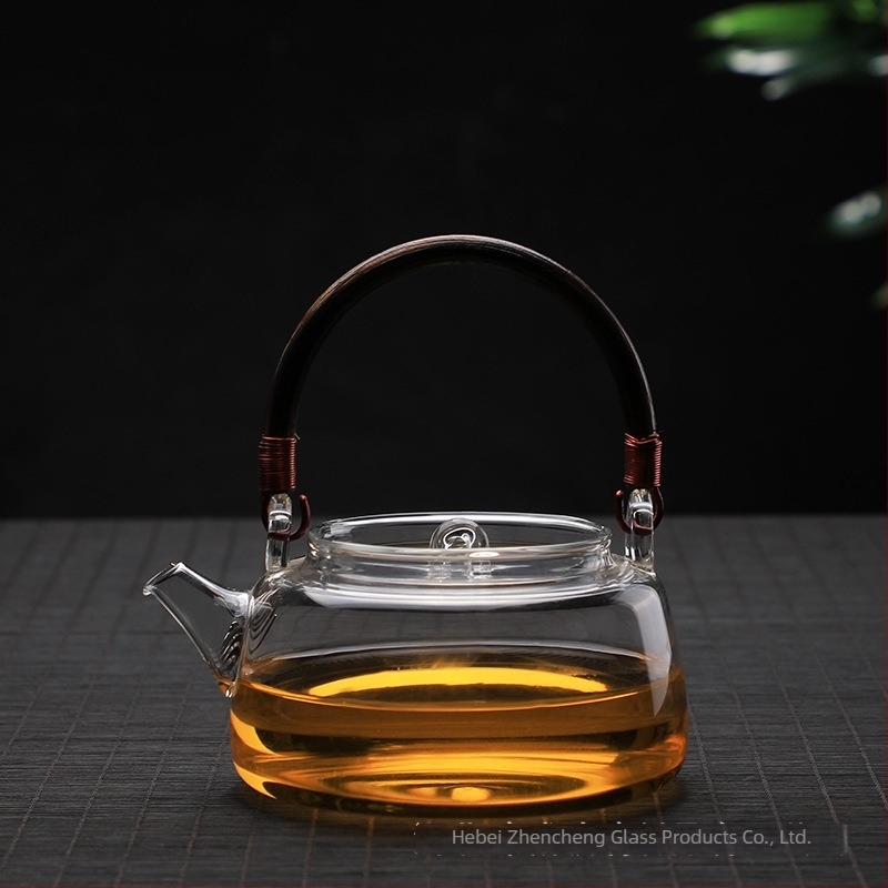 Ceainic cu mâner din răchită, din sticlă borosilicat rezistentă la temperaturi înalte, pentru infuzarea ceaiului, compatibil cu plita electrică ceramică, corp din sticlă îngroșată